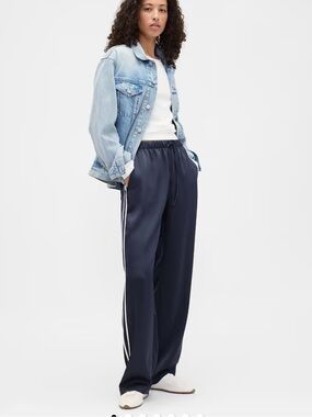 Wide-Leg Track Pants in Navy with Side Stripes